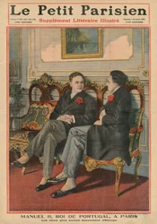 Manuel II., König von Portugal, in Paris mit Alfonso XIII., König von Spanien, die beiden jüngsten Herrscher in Europa, Titelbildillustration aus 